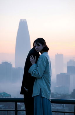 A serene, misty cityscape of Seoul at dusk, featuring tall buildings softened by a gentle fog