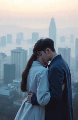 A serene, misty cityscape of Seoul at dusk, featuring tall buildings softened by a gentle fog