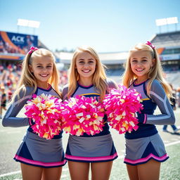 Three cute teenage cheerleaders with blonde hair, dressed in stylish and colorful cheerleading uniforms featuring bright pom-poms