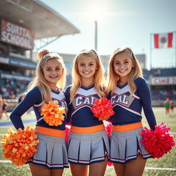 Three cute teenage cheerleaders with blonde hair, dressed in stylish and colorful cheerleading uniforms featuring bright pom-poms