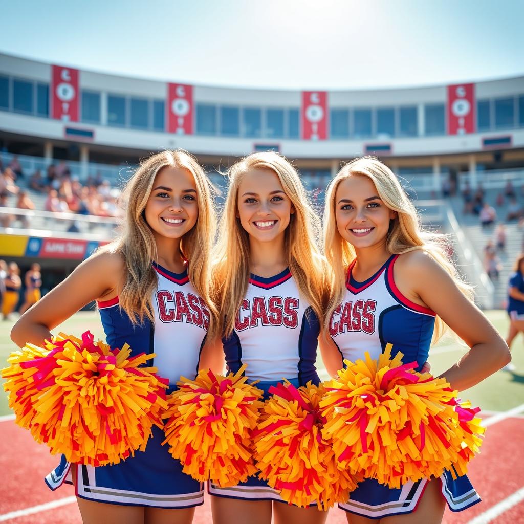 Three cute teenage cheerleaders with blonde hair, dressed in stylish and colorful cheerleading uniforms featuring bright pom-poms