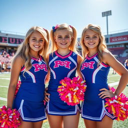 Three cute teenage cheerleaders with blonde hair, dressed in stylish and colorful cheerleading uniforms featuring bright pom-poms