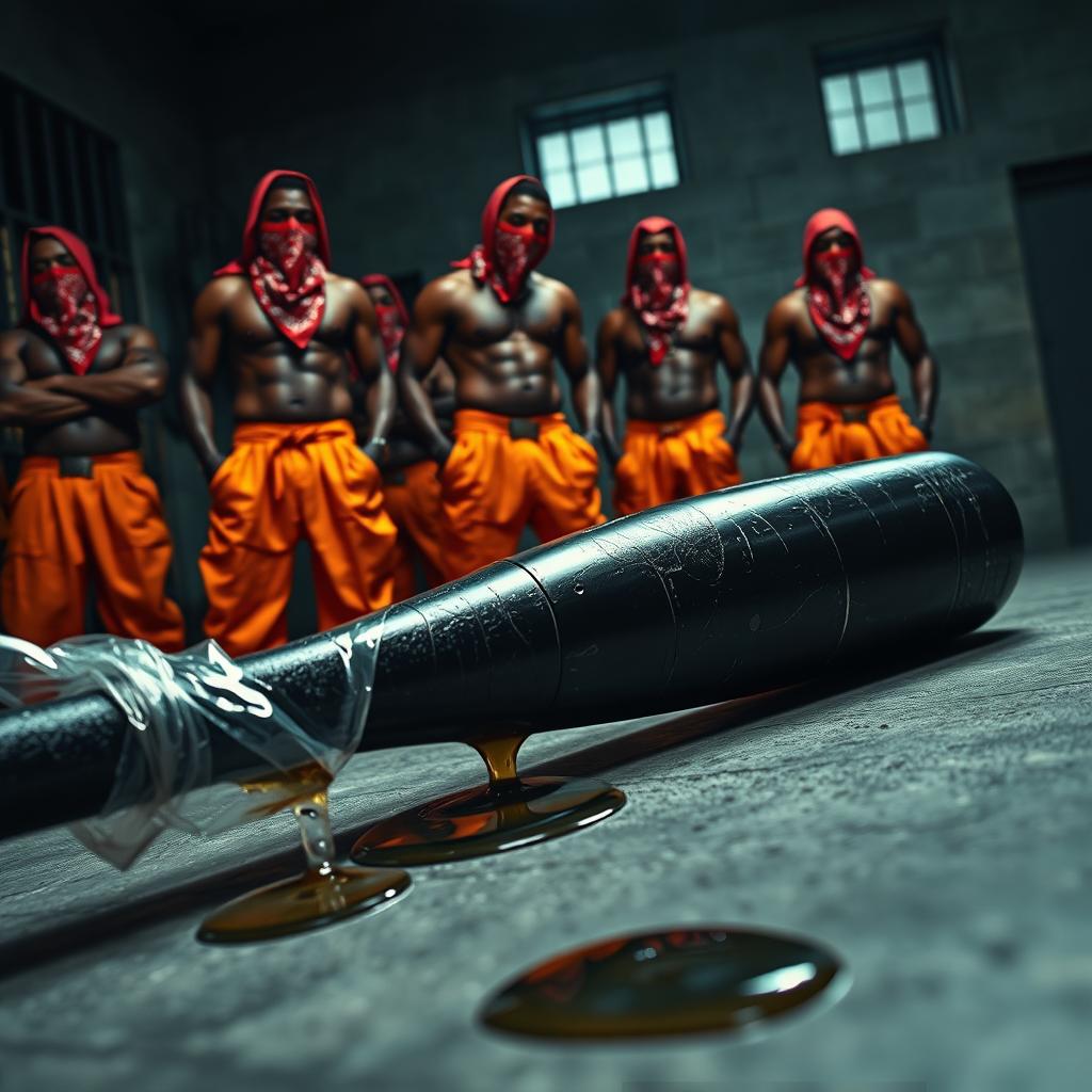 A large black baseball bat wrapped in plastic, dripping clear oil, lays on the ground