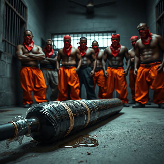 A large black baseball bat wrapped in plastic, dripping clear oil, lays on the ground