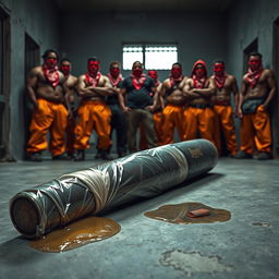 A large black baseball bat wrapped in plastic, dripping clear oil, lays on the ground