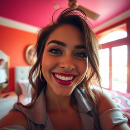 A close-up shot from a teen's point of view featuring a glamorous adult female with a playful smile, showcasing an upscale bedroom environment