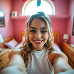 A close-up shot from a teen's point of view featuring a glamorous adult female with a playful smile, showcasing an upscale bedroom environment
