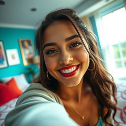 A close-up shot from a teen's point of view featuring a glamorous adult female with a playful smile, showcasing an upscale bedroom environment