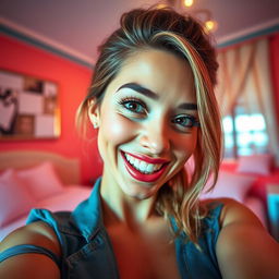 A close-up shot from a teen's point of view featuring a glamorous adult female with a playful smile, showcasing an upscale bedroom environment