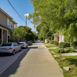 A street-level view of a quiet 1-lane neighborhood road during the day, with a few cars parked and no visible human traffic.