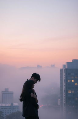 A serene and misty cityscape of Seoul at dusk, showcasing a blend of soft pastel colors like lavender and peach in the sky