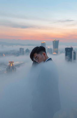 A serene and misty cityscape of Seoul at dusk, showcasing a blend of soft pastel colors like lavender and peach in the sky