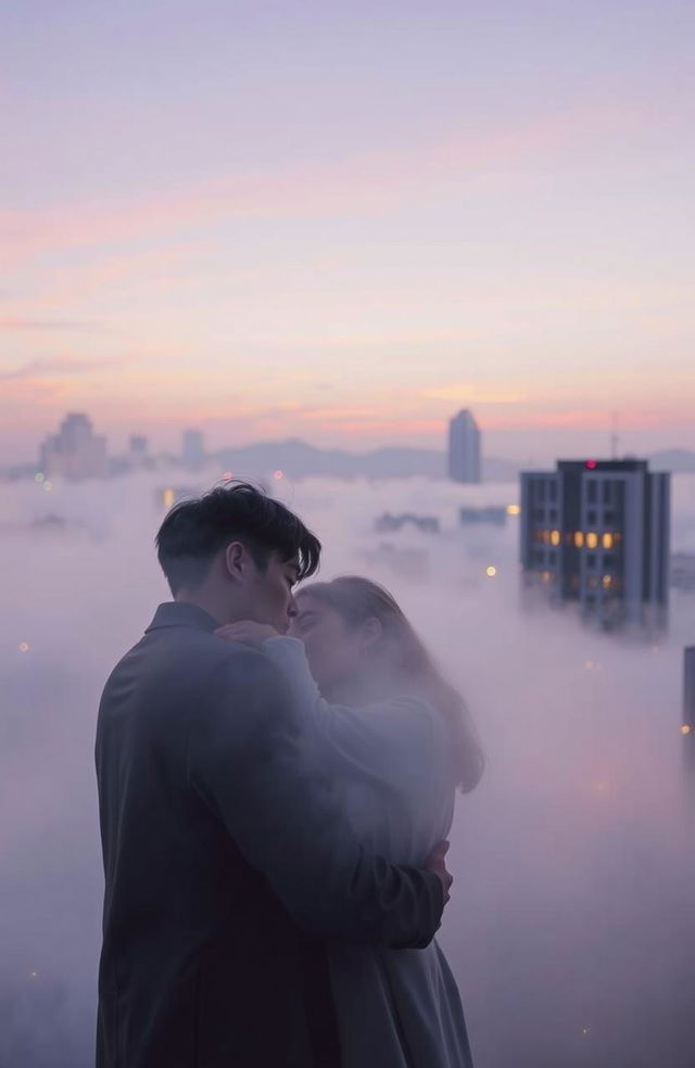 A serene and misty cityscape of Seoul at dusk, showcasing a blend of soft pastel colors like lavender and peach in the sky