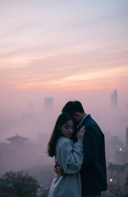 A serene and misty cityscape of Seoul at dusk, showcasing a blend of soft pastel colors like lavender and peach in the sky