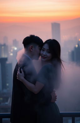 A serene, misty cityscape of Seoul at dusk, featuring softly glowing lights from buildings in the background