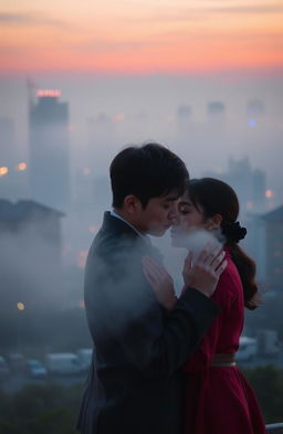 A serene, misty cityscape of Seoul at dusk, featuring softly glowing lights from buildings in the background
