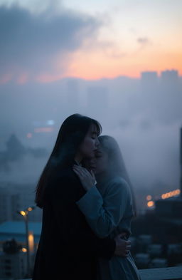 A serene, misty cityscape of Seoul at dusk, featuring softly glowing lights from buildings in the background