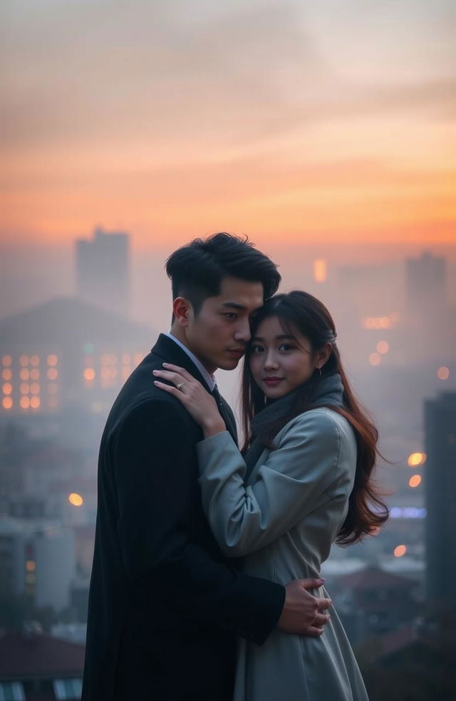 A serene, misty cityscape of Seoul at dusk, featuring softly glowing lights from buildings in the background