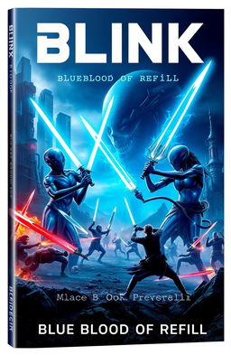 A striking book cover for a science fiction novel titled 'BLINK: Blue Blood of Refill'