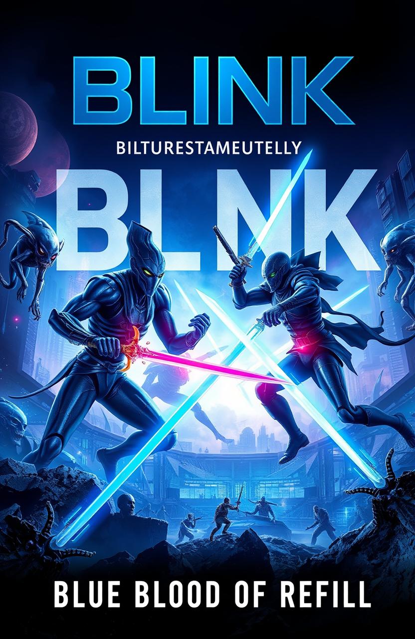 A striking book cover for a science fiction novel titled 'BLINK: Blue Blood of Refill'