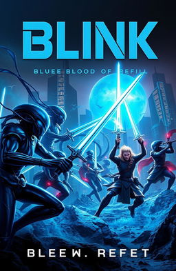 A striking book cover for a science fiction novel titled 'BLINK: Blue Blood of Refill'