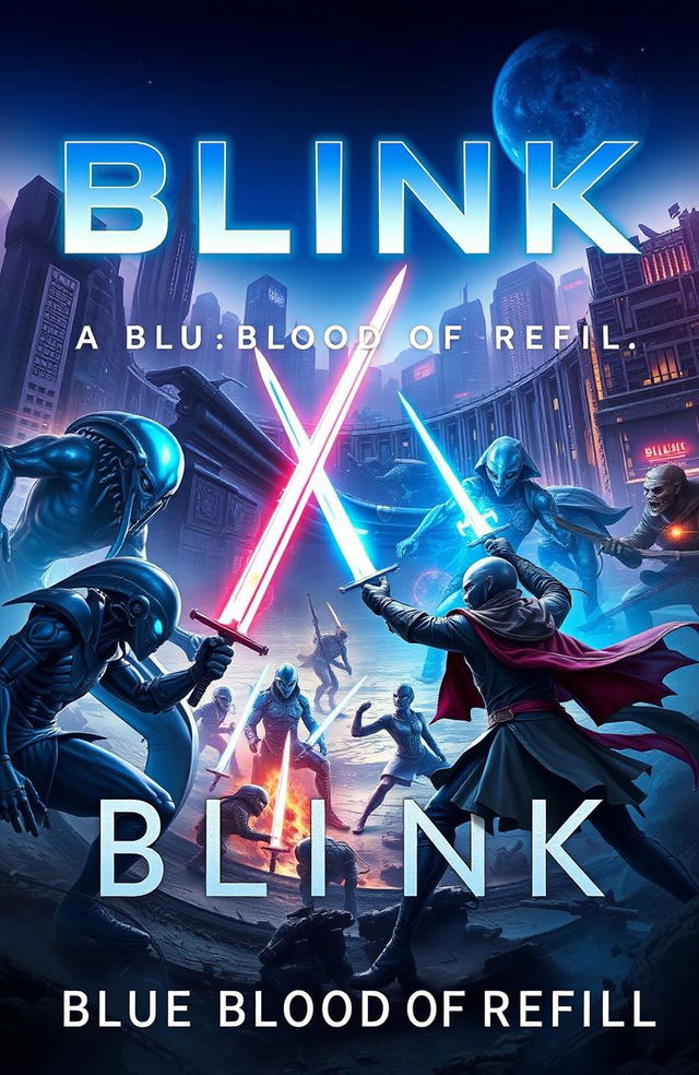 A striking book cover for a science fiction novel titled 'BLINK: Blue Blood of Refill'