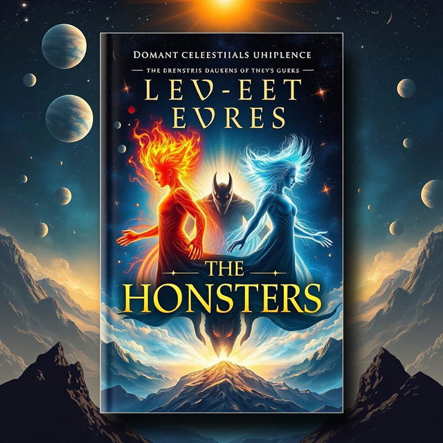 A captivating book cover design that embodies the epic tale of two human heroes destined to save the world from an invasion of monsters from another universe