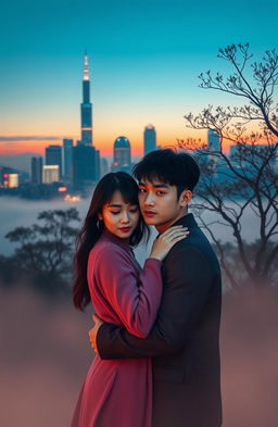A serene, misty Seoul cityscape at dusk, featuring a beautiful skyline with softly glowing skyscrapers and a gentle fog enveloping the scene