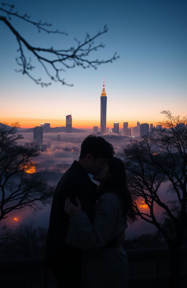 A serene, misty Seoul cityscape at dusk, featuring a beautiful skyline with softly glowing skyscrapers and a gentle fog enveloping the scene