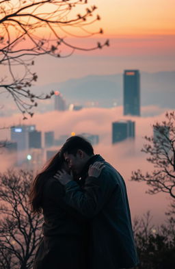 A serene, misty Seoul cityscape at dusk, featuring a beautiful skyline with softly glowing skyscrapers and a gentle fog enveloping the scene