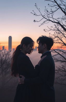 A serene, misty Seoul cityscape at dusk, featuring a beautiful skyline with softly glowing skyscrapers and a gentle fog enveloping the scene