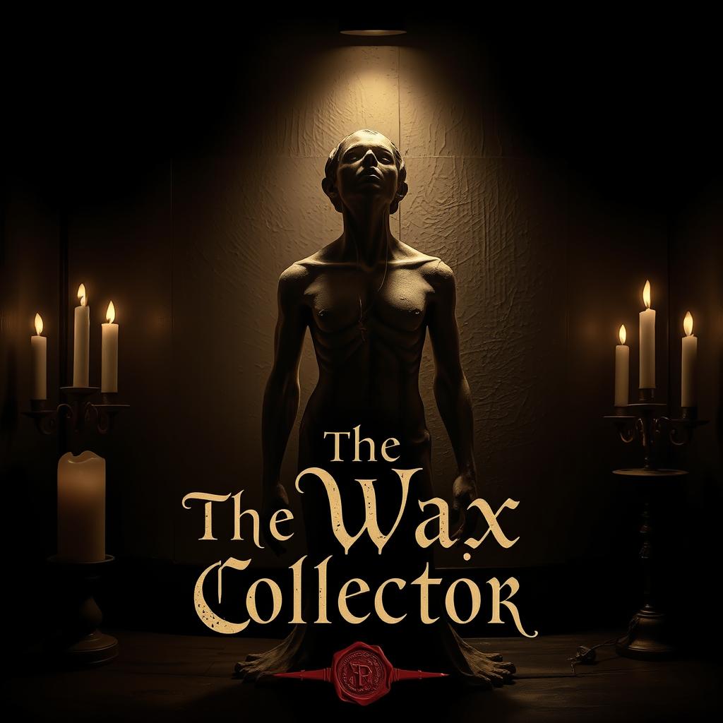 A hauntingly atmospheric design featuring a central intricately detailed wax figure resembling a human silhouette, partially melted to convey a sense of fragility and decay