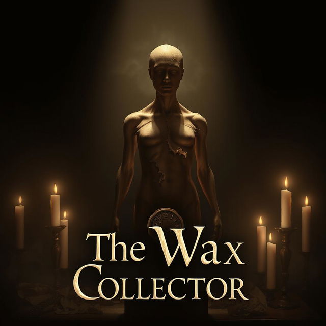 A hauntingly atmospheric design featuring a central intricately detailed wax figure resembling a human silhouette, partially melted to convey a sense of fragility and decay