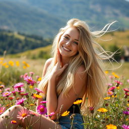 An 18-year-old blonde woman confidently posing in a free-spirited outdoor environment