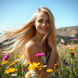 An 18-year-old blonde woman confidently posing in a free-spirited outdoor environment