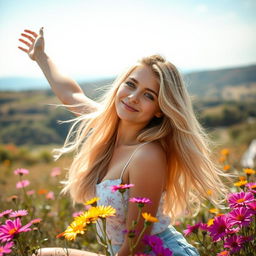 An 18-year-old blonde woman confidently posing in a free-spirited outdoor environment