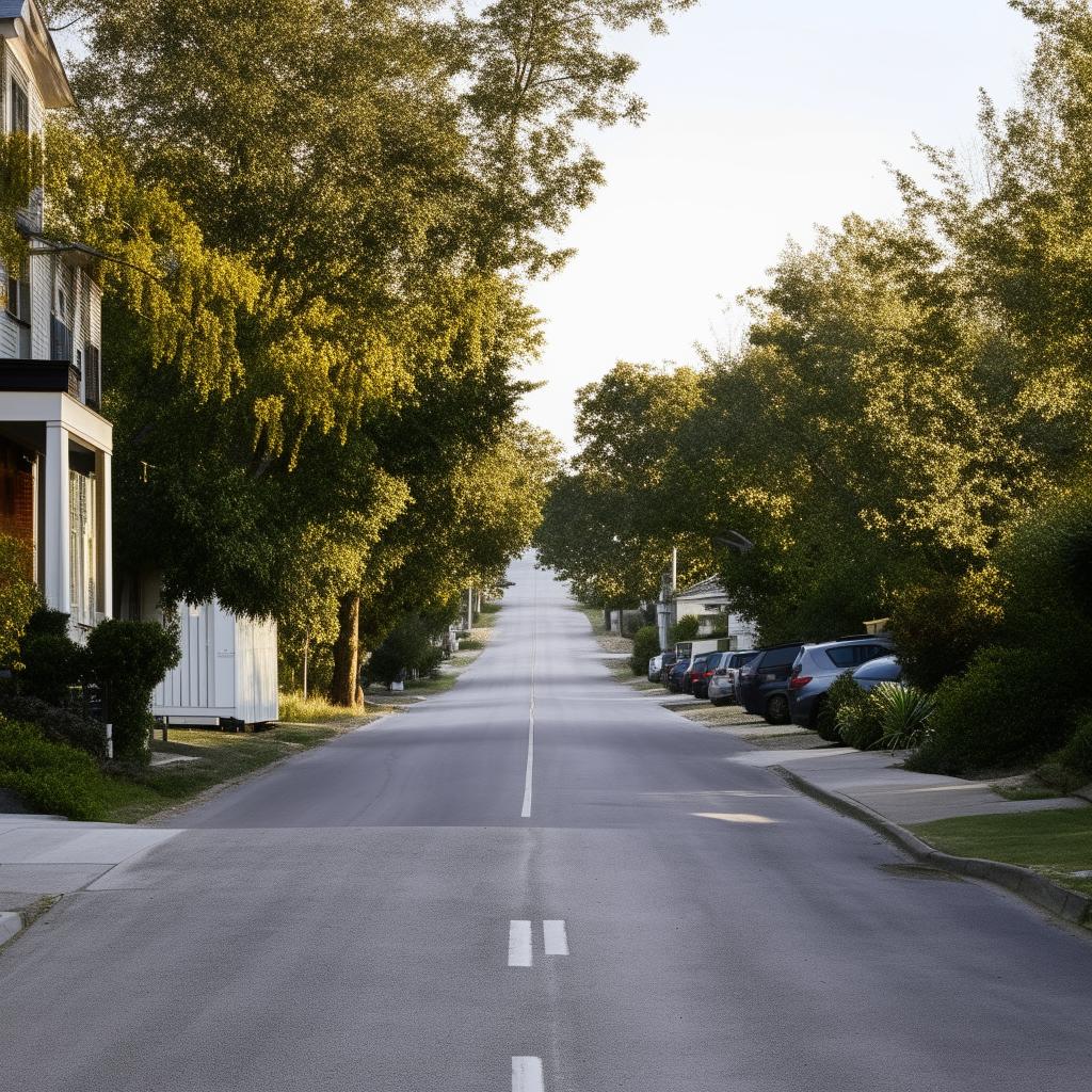 A street-level view of a quiet 1-lane neighborhood road during the day, with a few cars parked and no visible human traffic.