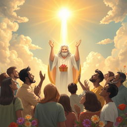 A serene and uplifting scene depicting a divine figure bestowing gifts upon a diverse group of people, filled with gratitude and joy