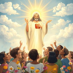 A serene and uplifting scene depicting a divine figure bestowing gifts upon a diverse group of people, filled with gratitude and joy