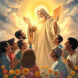 A serene and uplifting scene depicting a divine figure bestowing gifts upon a diverse group of people, filled with gratitude and joy