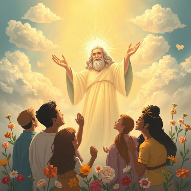 A serene and uplifting scene depicting a divine figure bestowing gifts upon a diverse group of people, filled with gratitude and joy