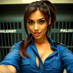 A close-up selfie shot of a sexy female police officer with brunette hair styled in a ponytail