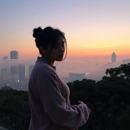 A serene, misty Seoul cityscape at dusk, showcasing a stunning skyline with softly illuminated skyscrapers and a gentle fog adding a dreamy quality to the scene