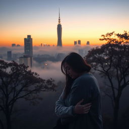 A serene, misty Seoul cityscape at dusk, showcasing a stunning skyline with softly illuminated skyscrapers and a gentle fog adding a dreamy quality to the scene