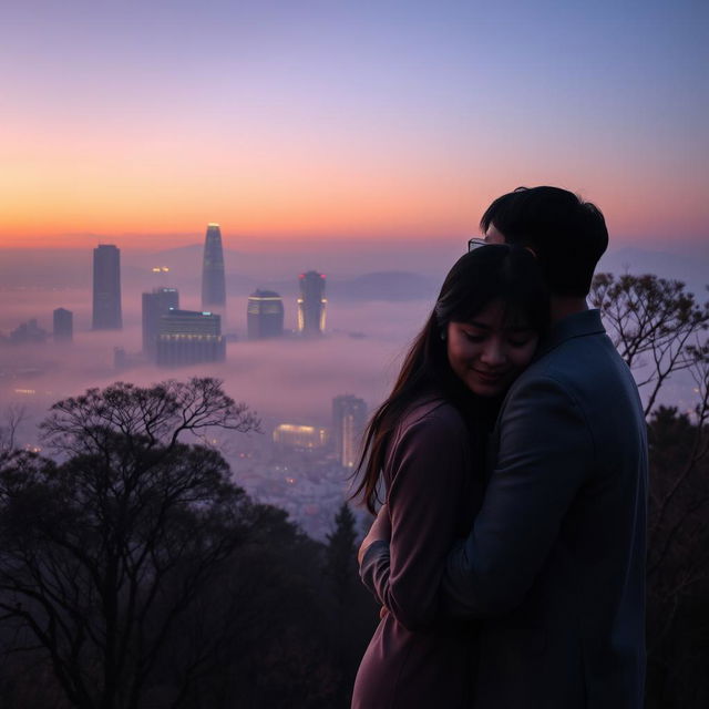 A serene, misty Seoul cityscape at dusk, showcasing a stunning skyline with softly illuminated skyscrapers and a gentle fog adding a dreamy quality to the scene