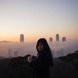 A serene, misty Seoul cityscape at dusk, showcasing a stunning skyline with softly illuminated skyscrapers and a gentle fog adding a dreamy quality to the scene