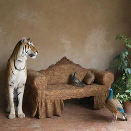 Ninfa, Tigre, Pavo Real en un cuarto de versaiiles Estilo barroco