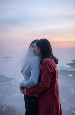 A serene, misty Seoul cityscape at dusk, featuring soft pastel colors in the sky