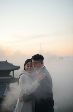 A serene, misty Seoul cityscape at dusk, featuring soft pastel colors in the sky
