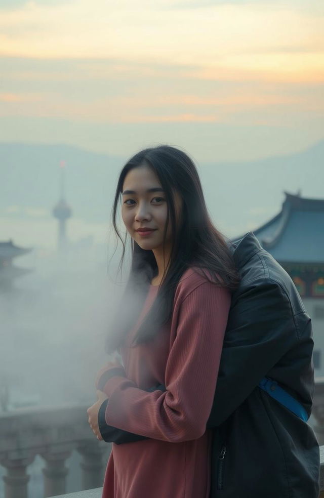 A serene, misty Seoul cityscape at dusk, featuring soft pastel colors in the sky